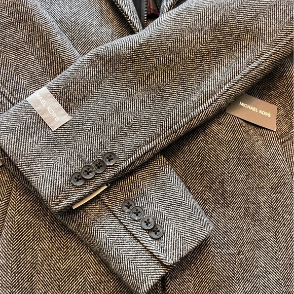 NWT 42L Michael Kors Men's Pike Slim-Fit Top Coat black/white Herringbone - Picture 8 of 11